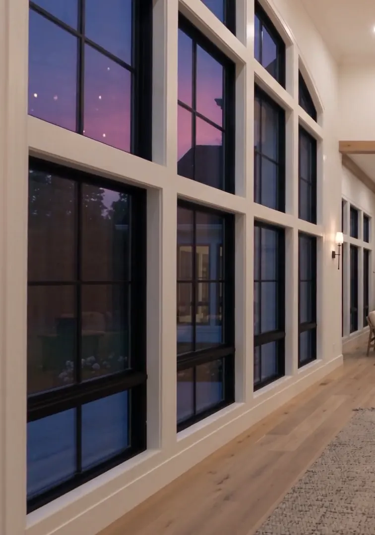 The two-story window tower from inside, at dusk