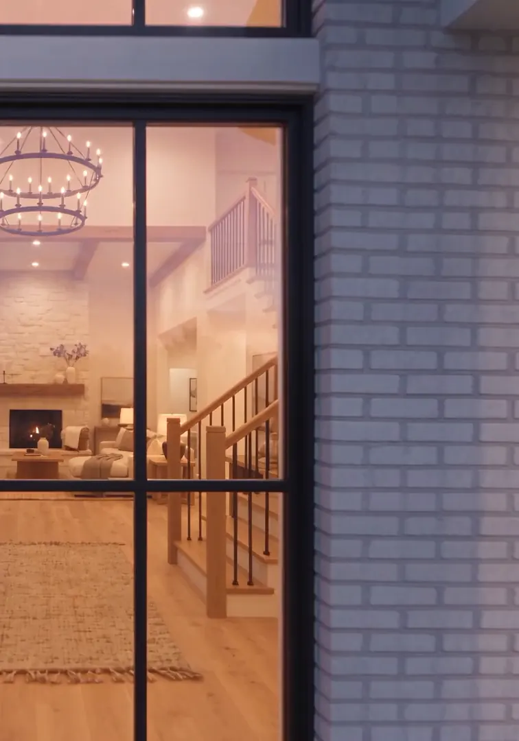 The foyer chandelier seen through the tower windows