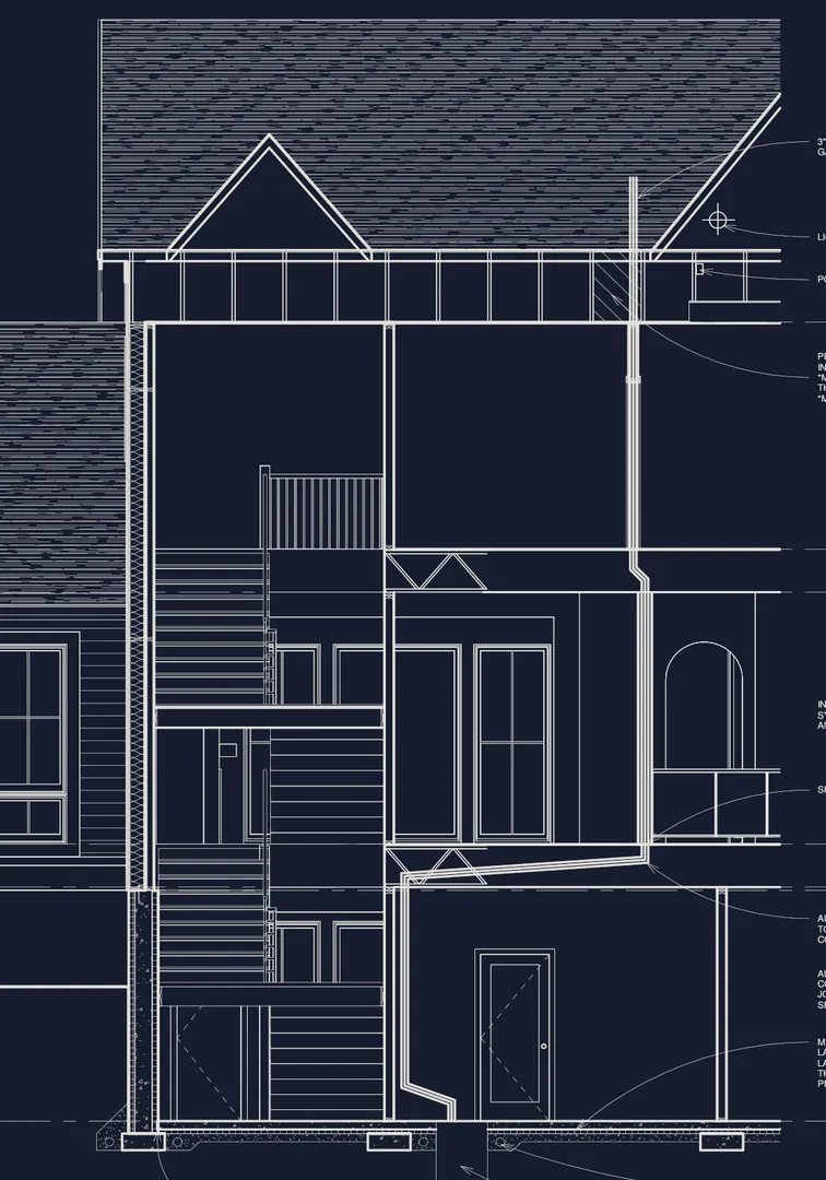 Section showing the passive radon vent rising through the house, from sheet A110