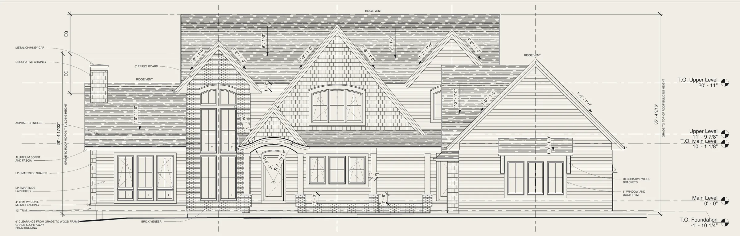 Front elevation drawing of the Birch Bluff home, sheet A102