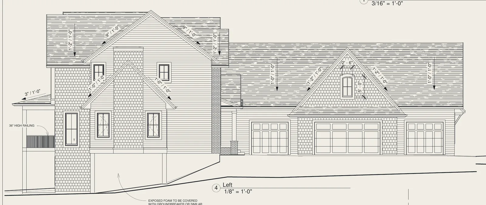 Left elevation drawing of the Birch Bluff home, sheet A102