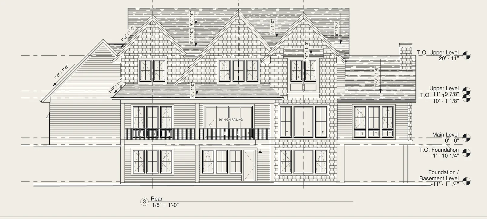Rear elevation drawing of the Birch Bluff home, sheet A102
