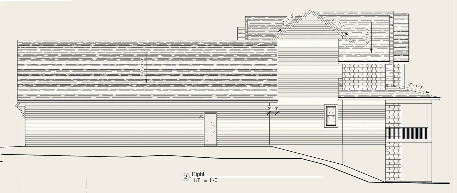 Right elevation drawing of the Birch Bluff home, sheet A102