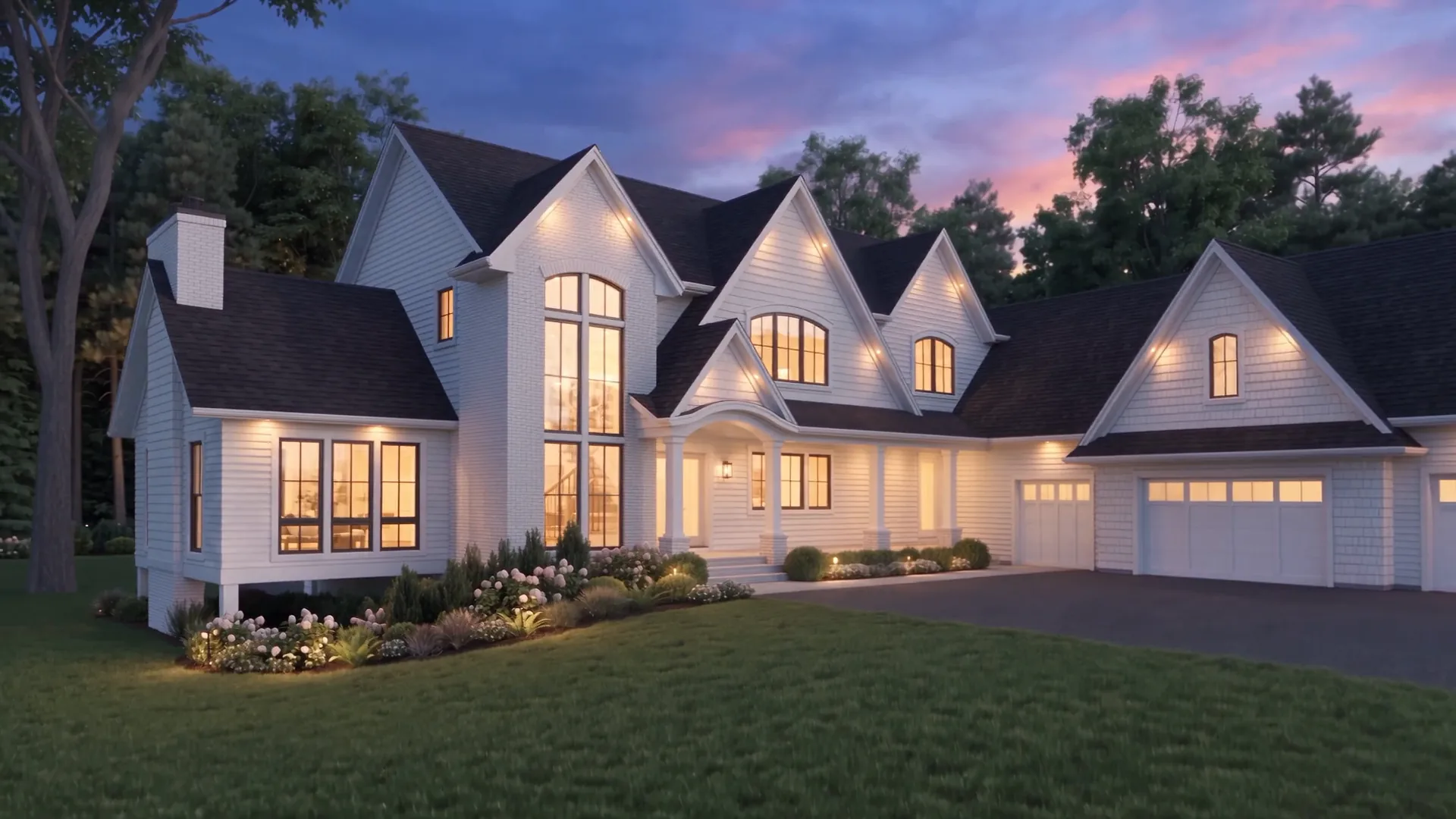 The Birch Bluff home at dusk, approaching the front of the house across the lawn