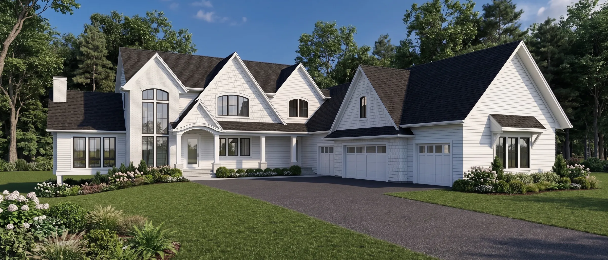 AVA Studio’s rendering of the Birch Bluff home from the cover sheet: white lap siding and shakes, the window tower, the arched porch and a four-car garage