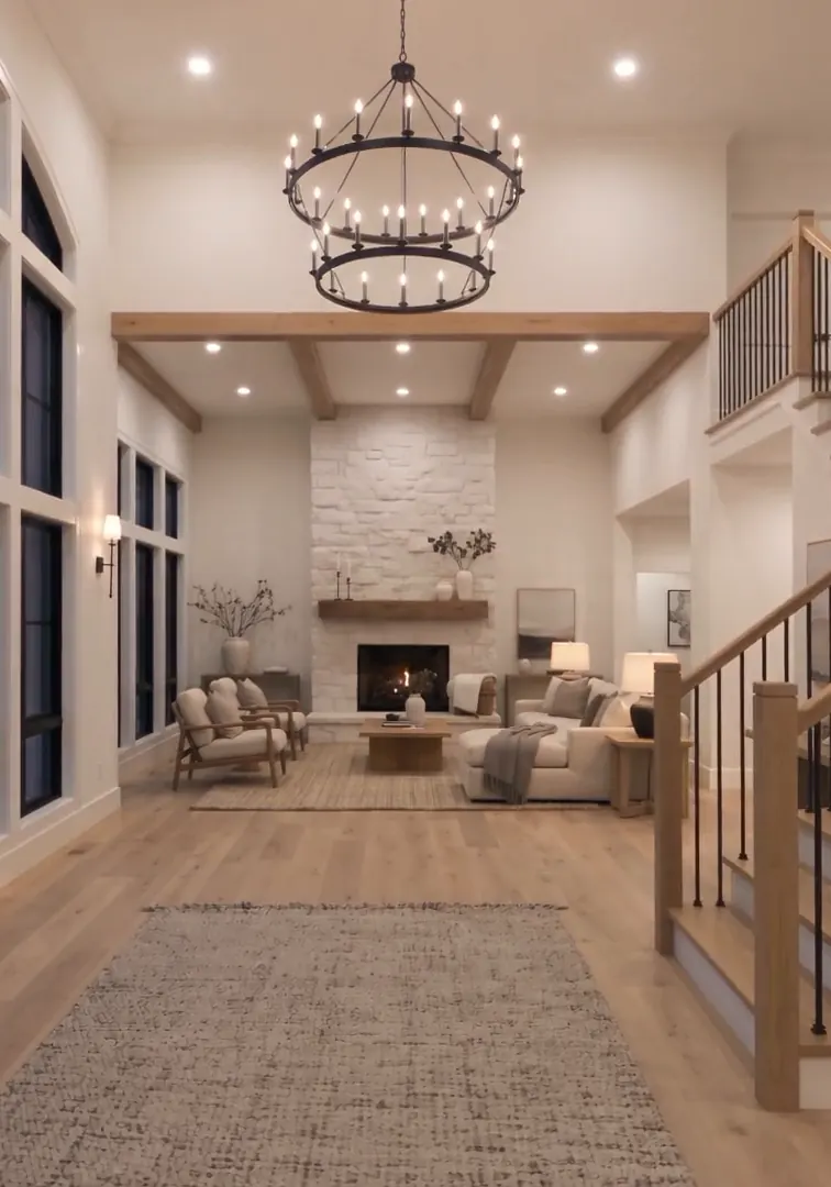 The foyer with an iron chandelier and the living room fireplace beyond